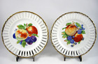 2 Vintage Porcelain Fruit Design Reticulated Lattice Plates Gold Sponge Rim 6