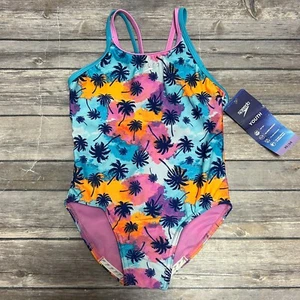 Speedo Purple Blue Orange Palm Tree Print Two Strap One Piece Swimsuit Girls XS - Picture 1 of 8