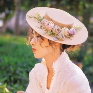 Vintage Victorian Girls Women's Florals Straw Hat Tea Party Flat Hat Fascinator - Picture 1 of 8