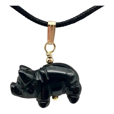 Black Obsidian Pig Pendant Necklace |Semi Precious Stone Jewelry|14k gf Pendant| - Image 1 of 4
