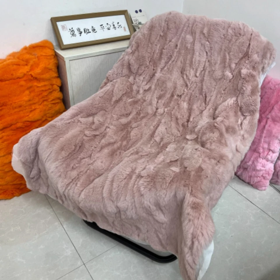 Luxury Soft Real Rex Rabbit Fur Throw Blanket Warm Sofa Bedspread Queen 79x55'' - Image 1 of 4