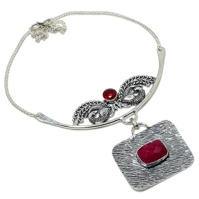 Ruby Simulated, Garnet Gemstone 925 Sterling Silver Jewelry Necklace 18" - Image 1 of 4