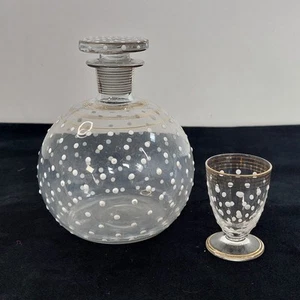 Clear Orb Liqueur Decanter & Glass White Enamel Spots & Gold Stripes Vtg 1950 - Picture 1 of 10