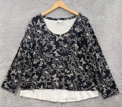 Camisa J Jill XL azul branca floral borboleta elástica manga longa colher - Imagem 1 de 4