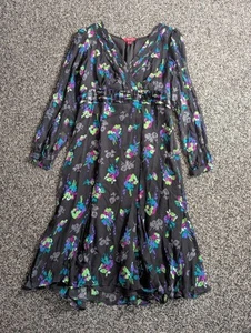 Monsoon Silk Dress Size 12 Blacl Floral Midi Pleated Chiffon Tea Seam Waist - Picture 1 of 8