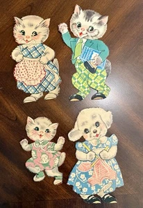 1940er anthropomorphe Katze & Hund Papierpuppen Set 4 Vintage gestanzte Kätzchen Welpe - Bild 1 von 11