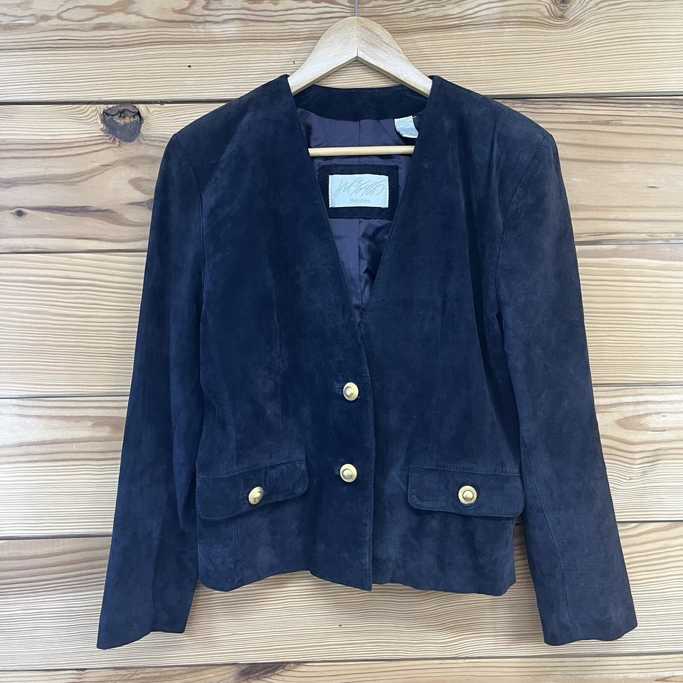 Chaqueta de Cuero de Colección Lord & Taylor 4P Cerdo Sedoso Gamuza Botón Dorado Azul Marino B119 Foto 1 de 4