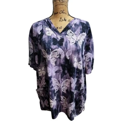 White Cross Butterfly Print Scrub Top V-Neck Short Sleeve Purple XXL - Image 1 of 4