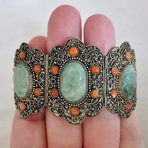 Antico bracciale cinese in metallo con corallo e 3 giadeite verde (lungo 6,5") - Foto 1 di 12