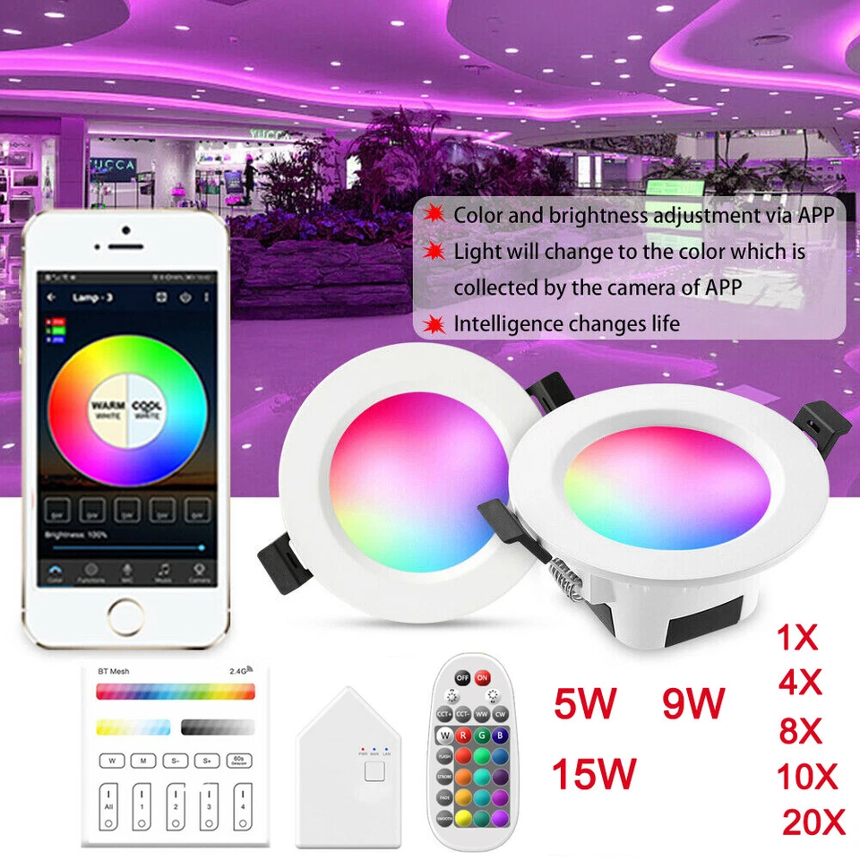 15W WIFI Bluetooth LED Einbaustrahler Einbauleuchte Deckenspot RGB+WW+CW Dimmbar - Bild 1 von 4