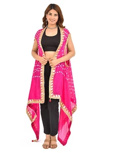 Pink Multicolor Silk Bandhani Gotapatti Shrug Bandhani Printed Sharug - Picture 1 of 9