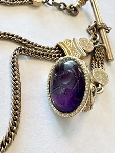 Vintage Pocket Watch T Bar Chain With Slide & Carved Double Cabochon - Picture 1 of 17