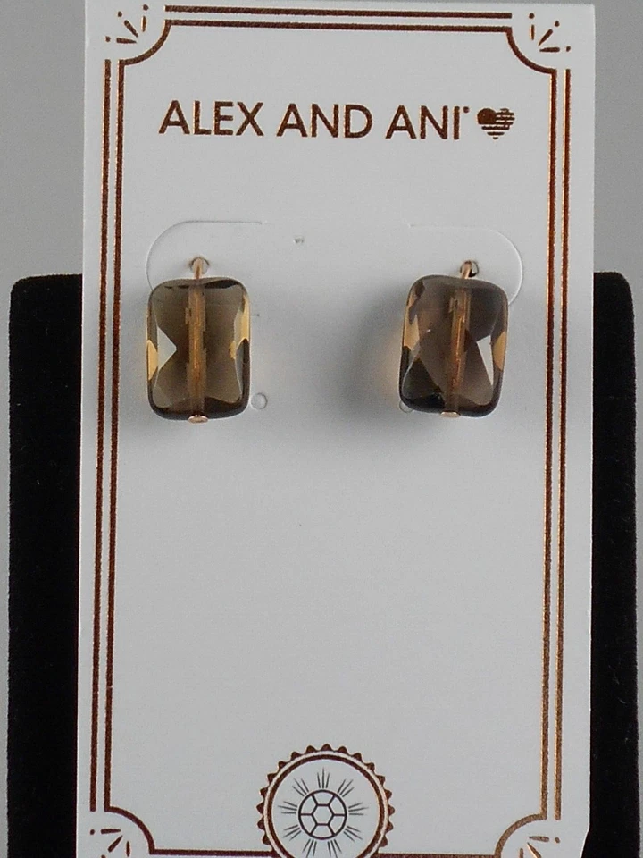 Alex and Ani Rose Goldtone SMOKEY QUARTZ Rectangle Gem Stone Drop Earrings $38 Foto 1 de 1