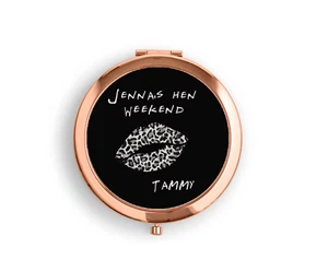 Personalised Rose Gold Compact Pocket Mirror black leopard hen party - Foto 1 di 3