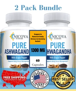 Organic Ashwagandha Capsules 1300mg Supplement w/ Black Pepper Root Powder   2PK - Picture 1 of 9