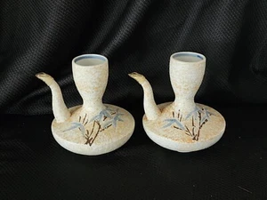 2 Japanese Sake Bottle's W/Spout Ceramic Bamboo Flower Hand Painted Makers Mark - Picture 1 of 22