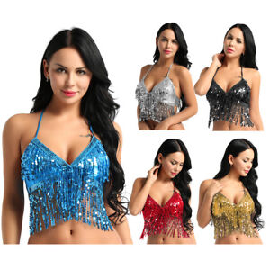 Women Sexy Latin Belly Dance Sequin Bra Tassel Top Chest Party Club Wear Costume