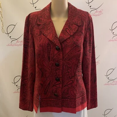 Leslie Fay.  Size 10.  Border Print, Long Sleeve. Paisley Red/black Blouse.  B74 - Image 1 of 4