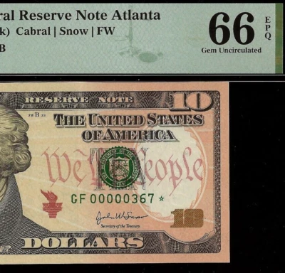 2004A $10 Federal Reserve Note Atlanta PMG 66EPQ 3 digit low serial Fr 2039-F* - Image 1 of 3