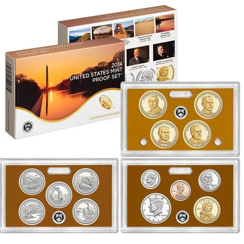 2014 Proof Set CN-Clad  Kennedy, Presidential & ATB Quarters OGP 14 coins Cover