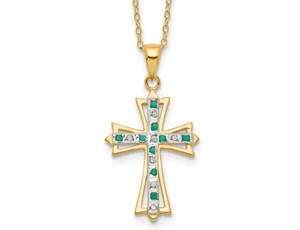 Emerald and Diamond Cross Pendant Necklace in Sterling Silver with Yellow Gold - Picture 1 of 5