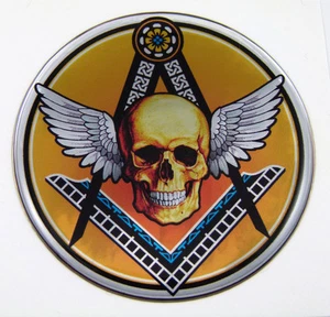 Masonic logo with Skull Round Emblem domed decal on chrome Bike Motorcycle Car - Foto 1 di 3