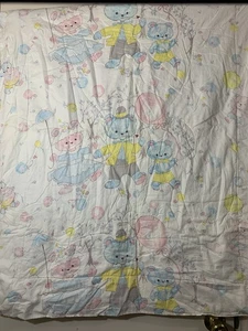 Vintage Baby Quilt Blanket Bear Family Handmade Balloons Crib Pink Light Blue - Picture 1 of 4