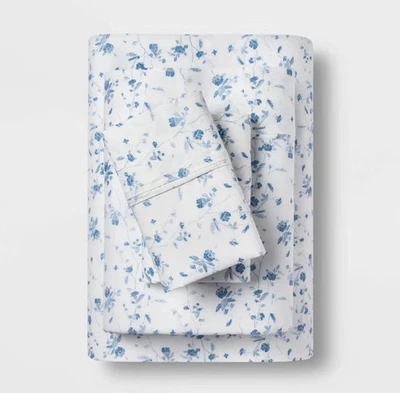 Twin/Twin XL 400 Thread Count Cotton Sheet Set White/Blue Floral - Threshold - Image 1 of 4