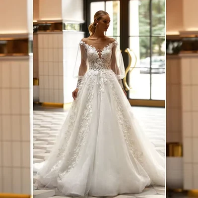 Elegant Sheer Neck Appliques Lace Tulle Wedding Dress Long Illsuion Sleeves - Image 1 of 4