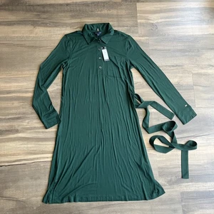 Tommy Hilfiger Polo Dress Long Sleeve Midi Tie Belt Stretch Green Small New - Picture 1 of 14