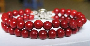 2 Row 8mm Natural Red Coral Gemstone Round Beads Fine Fashion Bracelet 7.5'' - Picture 1 of 3