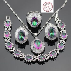 4 pc 925 Silver Mystic Topaz Necklace/Pendant Jewelry Set - 8 or 9 ring size