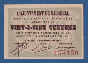 L'AJUNTAMENT DE SABADELL -- 25 CENTIMOS ( 1937 ) -- UNC -- 2ª EMISION . - Picture 1 of 2
