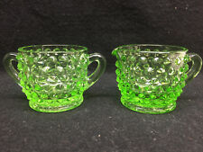 Green Vaseline Uranium glass coffee creamer & sugar set Hobnail pattern lot glow