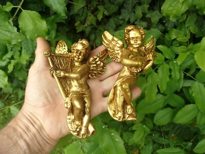 ANCIENNE PAIRE ANGELOTS MUSICIEN CHERUBIN PUTTI APPLIQUES DORES - Photo 1/4