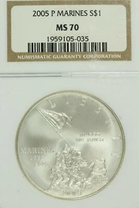 2005-P Marines Commemorative Silver Dollar : NGC MS70 - Picture 1 of 2