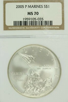 2005-P Marines Commemorative Silver Dollar : NGC MS70 - Image 1 of 2