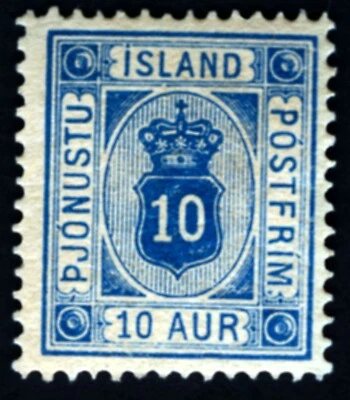 Iceland 1876-95 Scott O6 10 aur Blue Official M H F Wtrmk Crown - Image 1 of 2