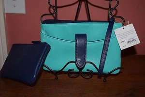 NWT~CROFT & BARROW LEATHER BLUE & TEAL WALLET/COSMETIC BAG - Picture 1 of 3