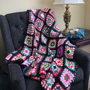 Handmade Colorful Granny Square Crochet Afghan Roseanne 80”x 50” Throw Blanket - Picture 1 of 16