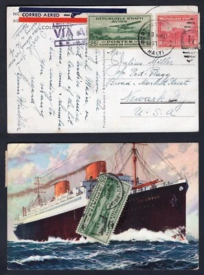 HAITI 1937 Airmail Postcard to USA. Steamer Columbus - Image 1 of 3