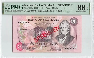 SCOTLAND 20 Pounds 1993, P-118s SPECIMEN Bank of Scotland, PMG 66 EPQ Gem UNC. - Image 1 of 2