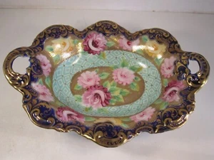 Antique Nippon Big Pink & Yellow Roses & Heavy Beaded End Handled Porcelain Bowl - Picture 1 of 7