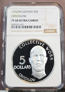 1976 GUYANA SILVER 5 DOLLARS CRITCHLOW NGC PF 68 ULTRA CAMEO SCARCE GEM PROOF - Picture 1 of 3