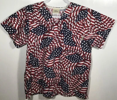 Patriotic Scrub Top Womens XS extra small Flag Stars Stripes red white blue July - Image 1 of 4