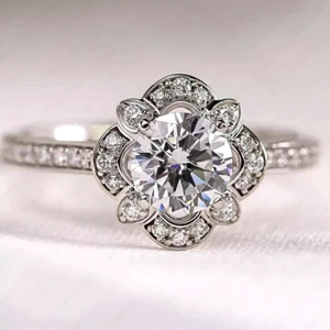 2.00CTW Round Cut Moissanite Vintage Engagement Halo Ring 14k White Gold Plated - Picture 1 of 4