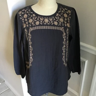 J. Jill Peasant Pullover Top Blue with Embroidery Cotton Size Medium Petite MP - Image 1 of 4