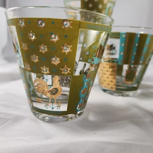 Set of 7 Georges Briard Glasses Mid Century Gold Turquoise Colonial Ship Rooster - Picture 1 of 10