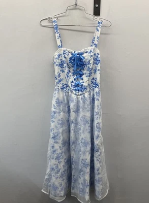 NWT Scarlet Darkness Womens Blue Floral Cottagecore Corset Smocked Dress Size S - Image 1 of 4