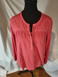NWT Lucky Brand Coral Pink Embroidered Size XL Cotton L/S Top - Picture 1 of 5